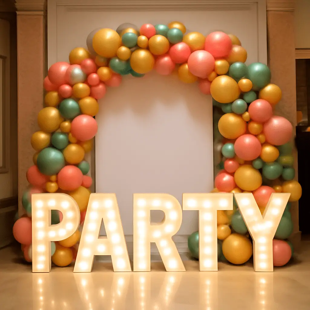 rty props, ballloon garland at entrance and marquee letter