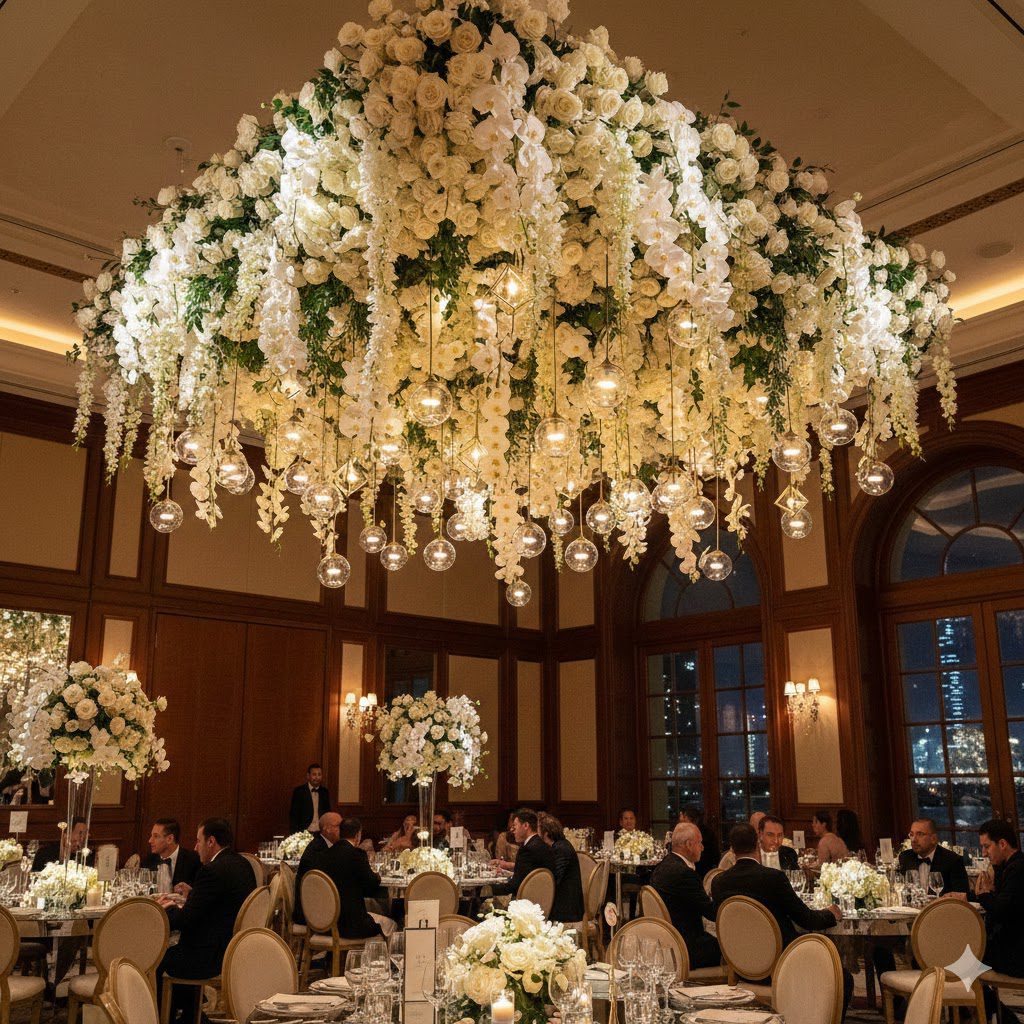 Luxury hanging floral ceiling installation with white roses and glass orbs in a Dubai wedding ballroom.