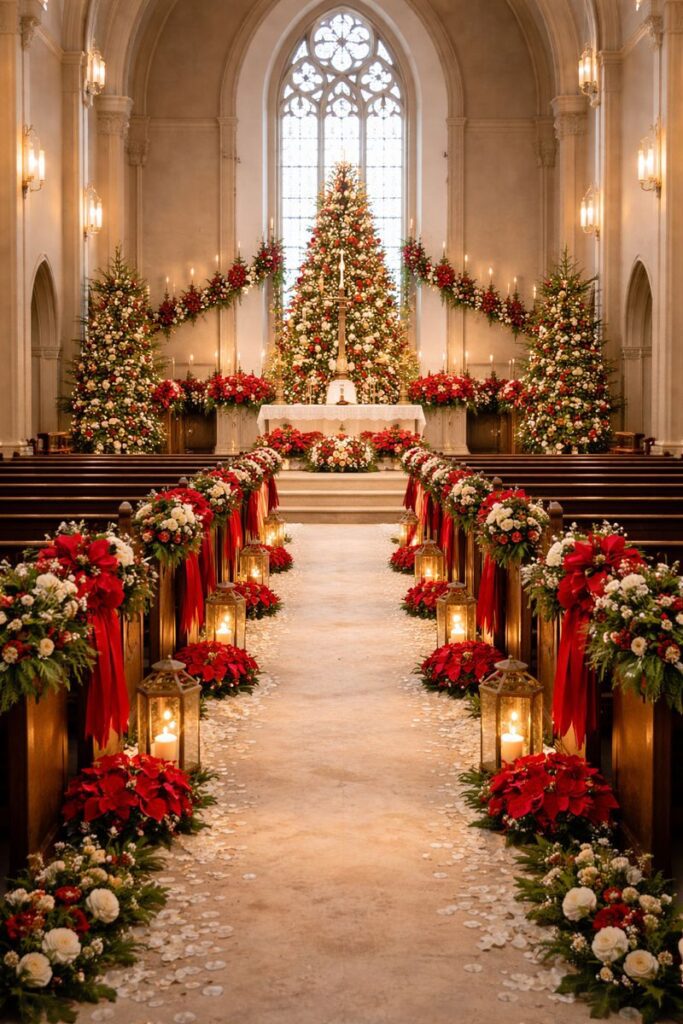 church decoration with fflowers and christmas tree and ribbons 
