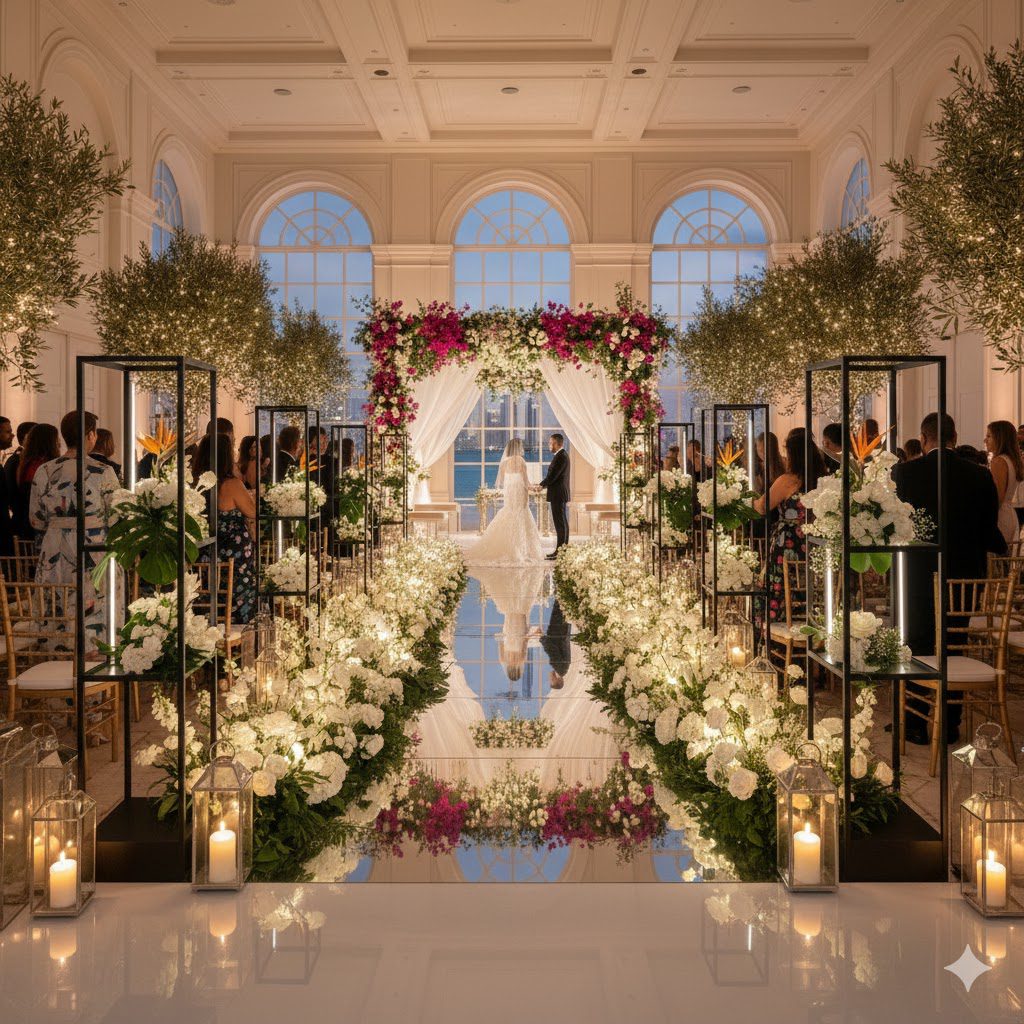 "A romantic outdoor wedding aisle adorned with soft pink roses, hydrangeas, and greenery. The path is lined with glowing lanterns and a white petal-covered runner, leading to a charming gazebo in the background, creating an enchanting and serene atmosphere."