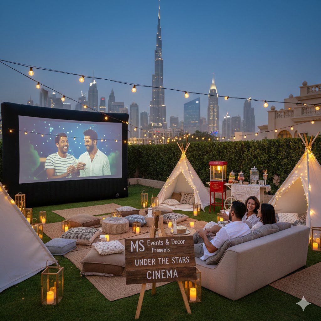 movie night setup for famlies and friends outdoors