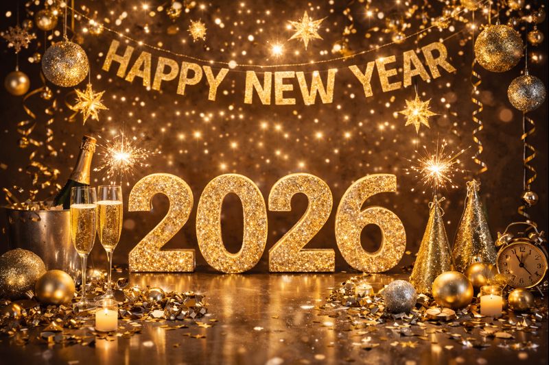 new year decoration with lights, number and props