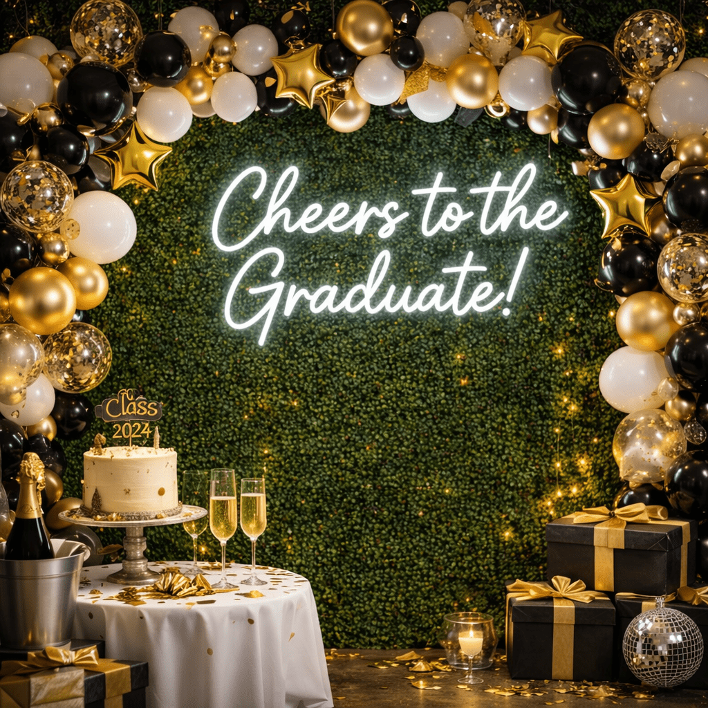 graduation party decoration with neon sign,, balloons and cake