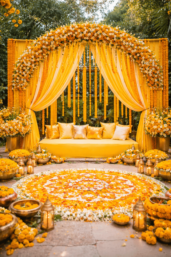 haldi decoration with marry gold flowers 