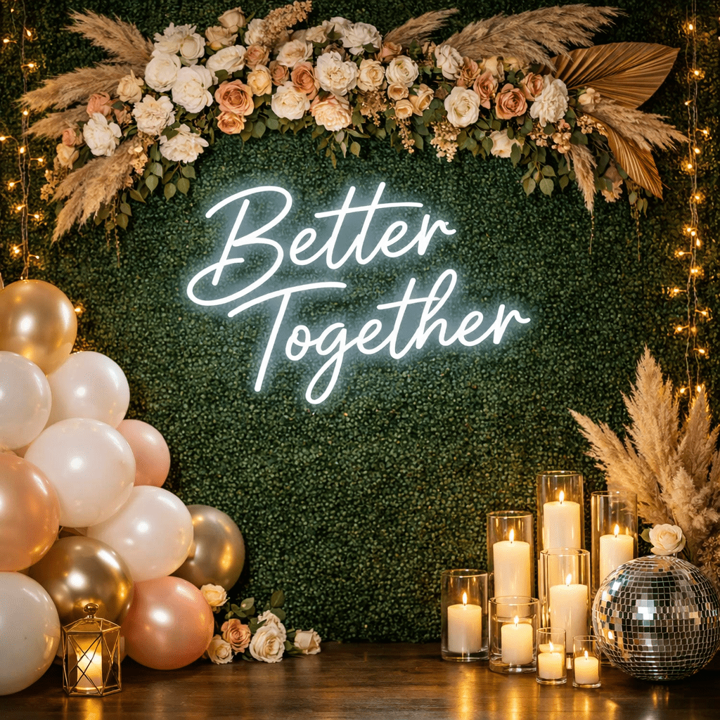 neon sign backdrop with floral decoration