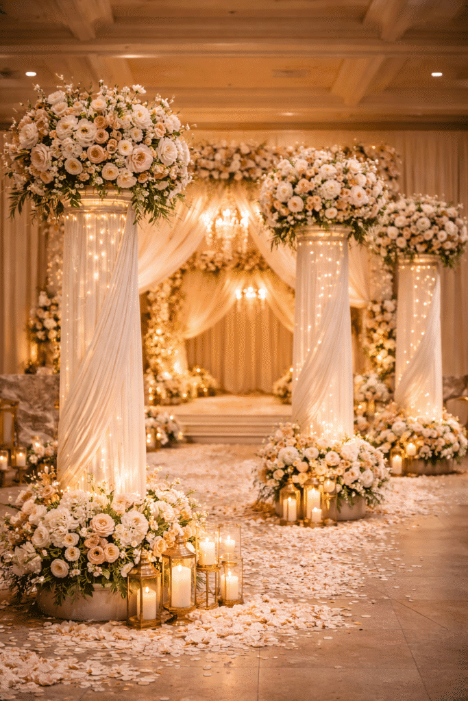 pillars decoration with drapes and flowers